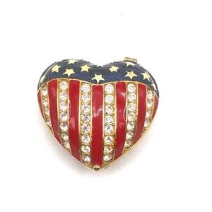 Red White Blue Flag Crystal Rhinestone Heart Box Rucinni American Heart USA Jewe